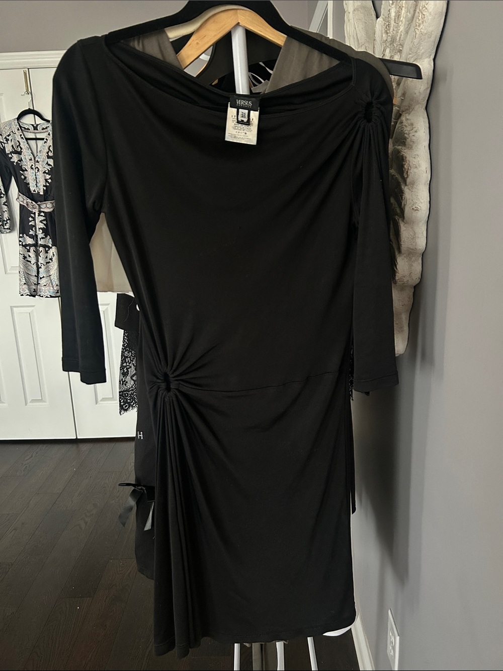 Versace Black Long-Sleeve Knot-Accent Midi Dress